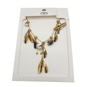 Zara Gold Tone Necklace Mixed Charms Leaf Flower Faux Pearl 4736/322/303